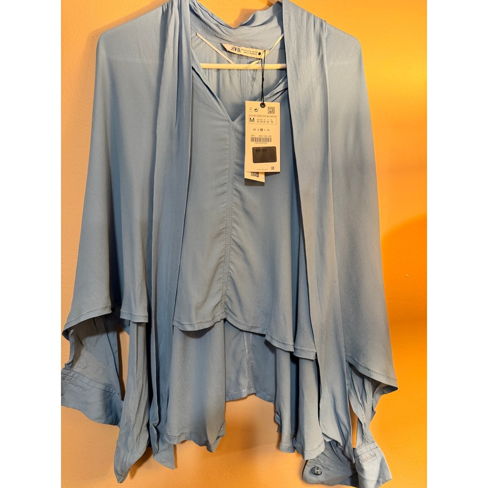 Zara Women Blue Tie Neck Layered Asymmetrical Blouse Long Sleeve Size M NWT